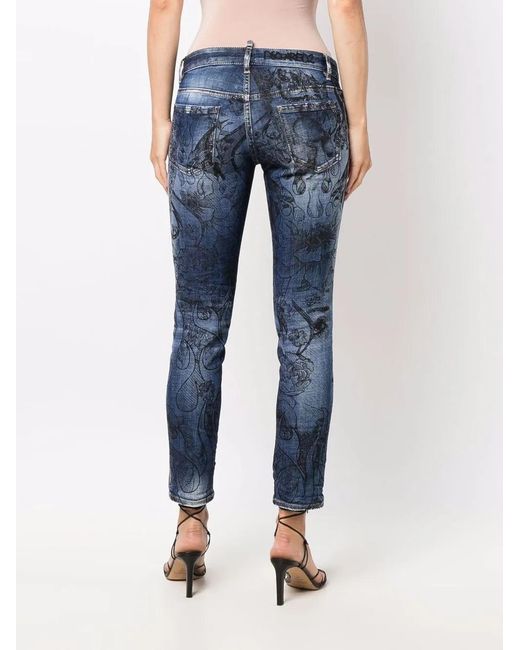 DSquared² Blue Floral-Print Skinny Jeans