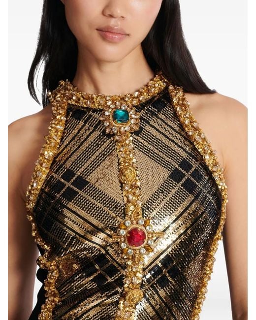 Balmain Green Robe Sans Manches À Carreaux