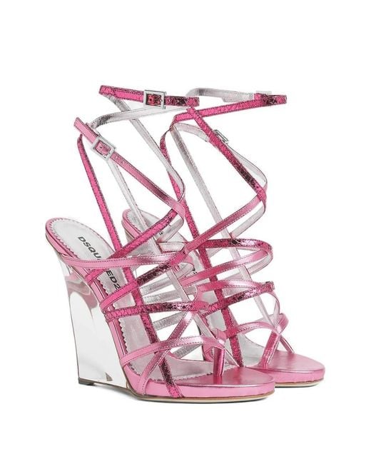 DSquared² Pink Metallic Strappy Wedge Sandals