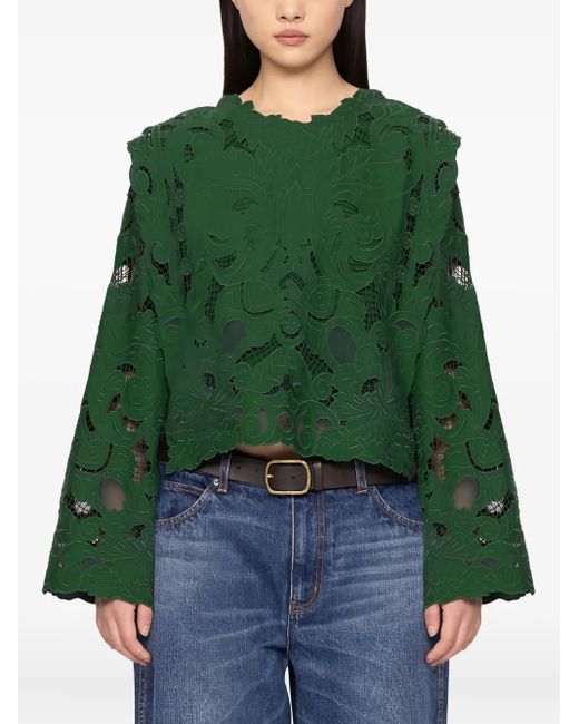 Sea Green Ceci Open-Work Long-Sleeve Blouse