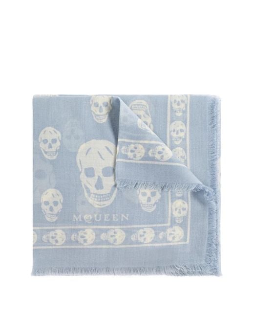 McQueen Blue Skull Fringed Scarf