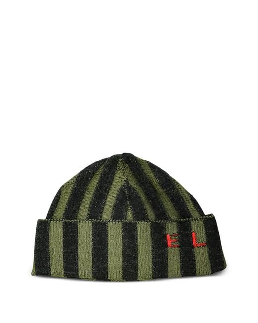Eckhaus Latta Green Striped Logo-Intarsia Beanie Hat
