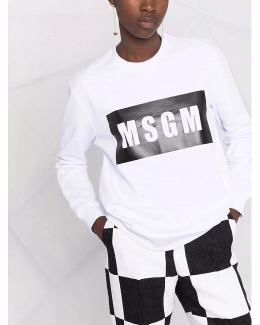 MSGM White Logo-Print Crew Neck Sweatshirt