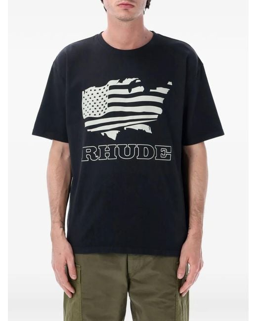 Rhude Black Graphic-Print Logo-Print T-Shirt for men