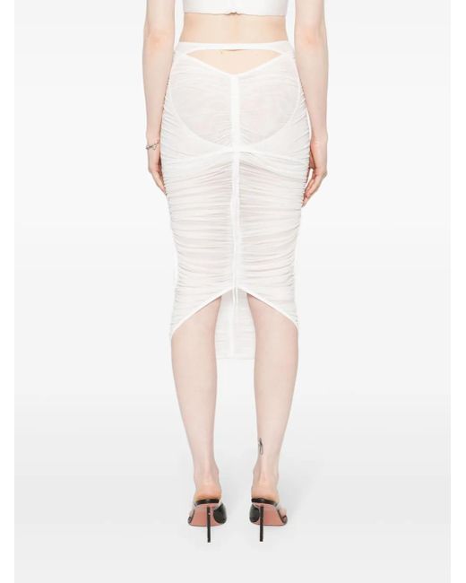 Mugler White Mesh Ruched Midi Skirt