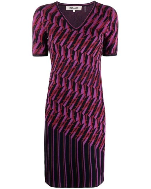 Diane von Furstenberg Purple Zig-Zag Intarsia-Knit Dress