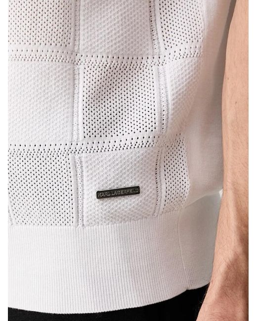 Karl Lagerfeld White Check-Patterned Pointelle-Knit Polo Shirt for men