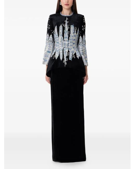 Dina Melwani Black Crystal Embroidered Velvet Maxi Dress
