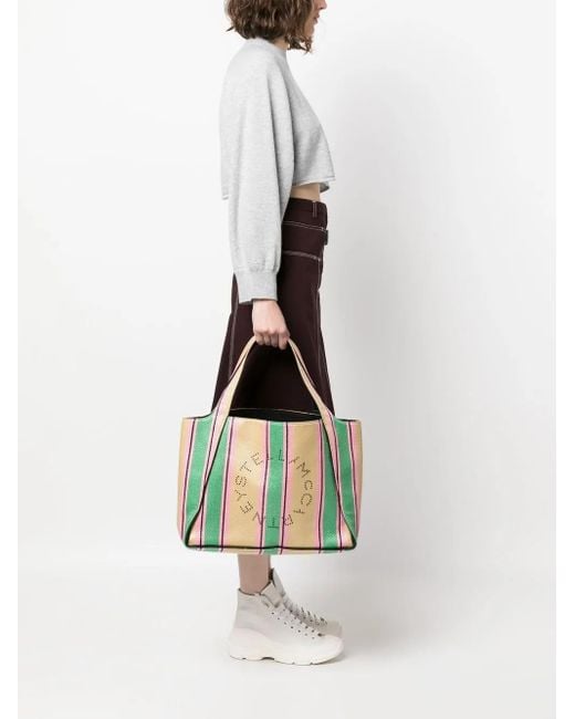 Stella McCartney White Stripe-Print Raffia Tote Bag