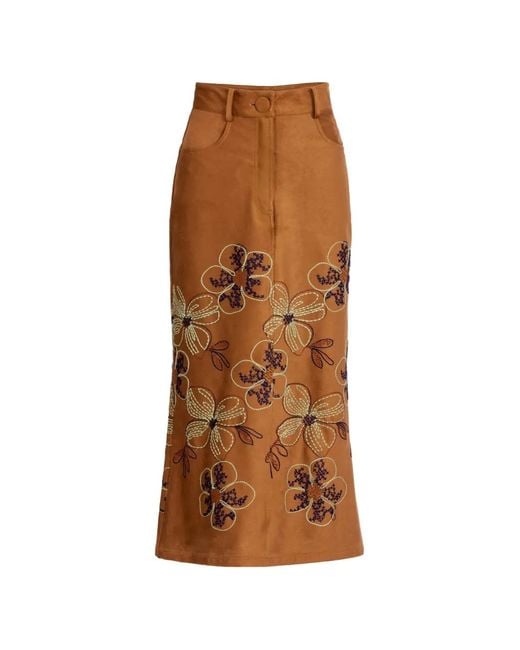 Silvia Tcherassi Brown Layan Floral-Embroidered Midi Skirt