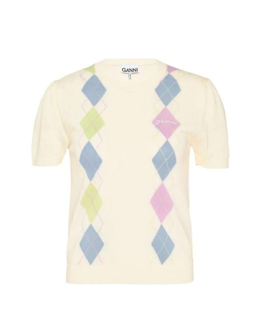 Ganni White Argyle-Knit T-Shirt