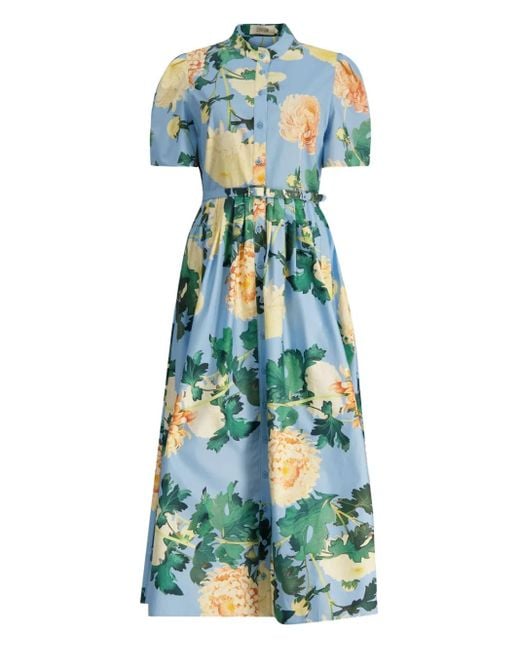 LEO LIN Bianca Puff-sleeve Floral Print Midi Dress Blue