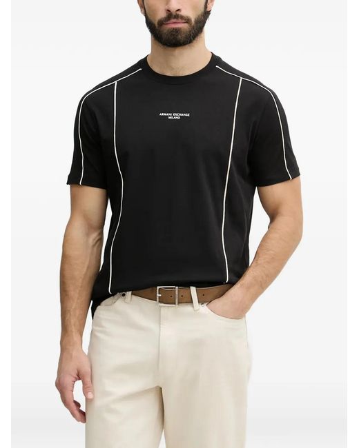 ARMANI EXCHANGE Black Piping-Detail Logo-Print T-Shirt for men