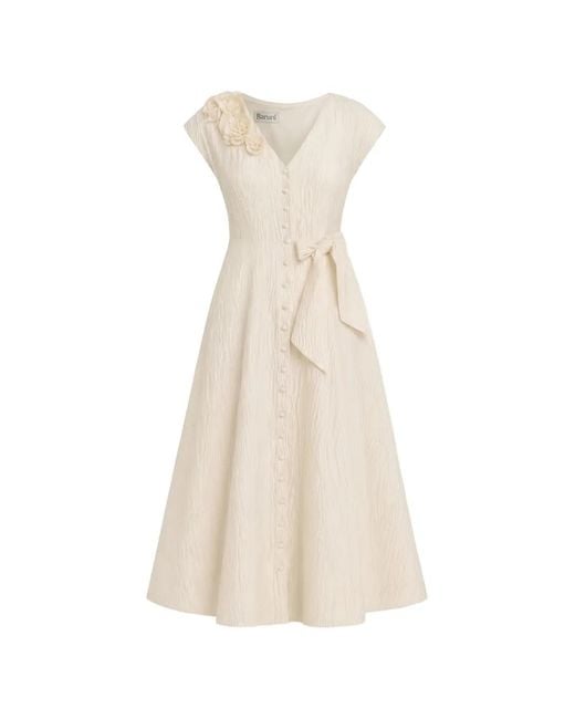 Baruni White Johara Floral-Detail Bow-Fastening Midi Dress