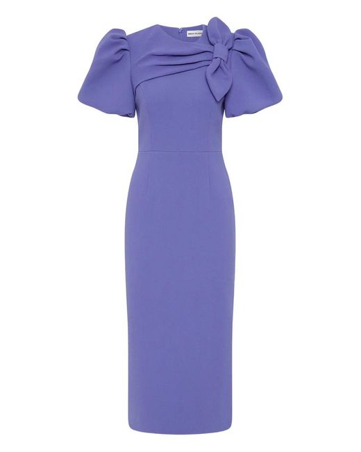 Rebecca Vallance Purple Violetta Puff-Sleeve Bow Midi Dress
