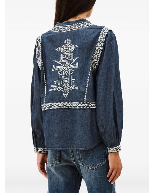 Ba&sh Blue Laura Embroidered Denim Blouse