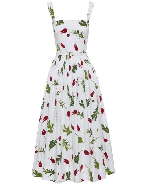 Oscar de la Renta White Tulip-print Poplin Midi Dress