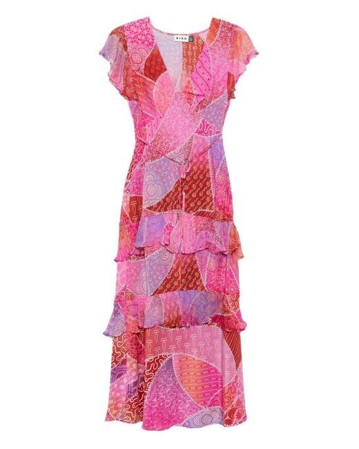 Rixo Pink Gerüschtes Kleid Im Patchwork-Look