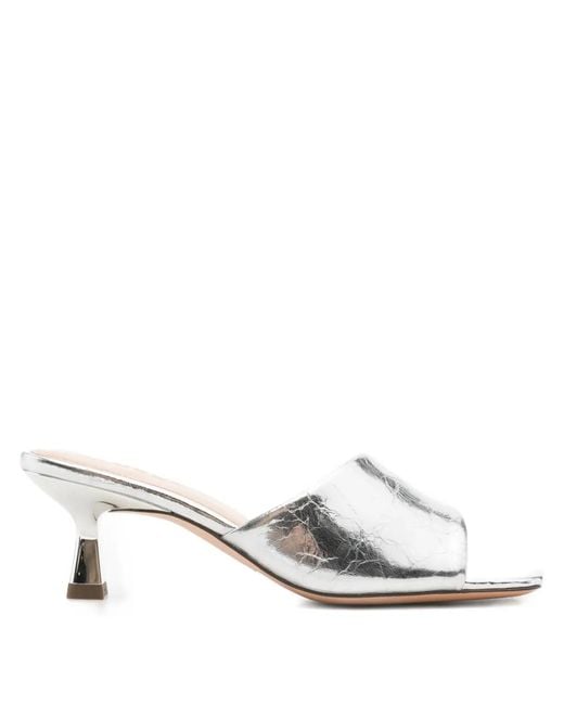 Sandro White Heeled Metallic Leather Mules