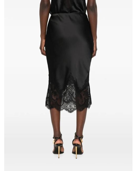 Norma Kamali Black Lace-Trim Midi Skirt