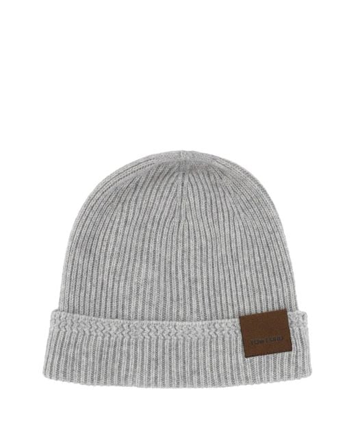 Tom Ford Gray Ribbed Patch Beanie for men