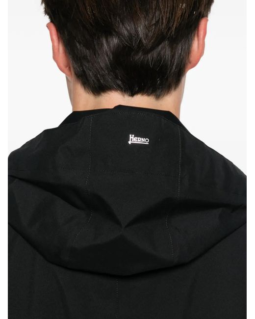 Herno Black Hooded Concealed-Fastening Raincoat for men