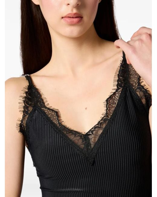 Philipp Plein Black Shiny Rib Tank Top Lace