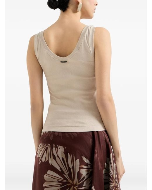 Brunello Cucinelli Natural Stretch Cotton Ribbed Jersey Top With Monili
