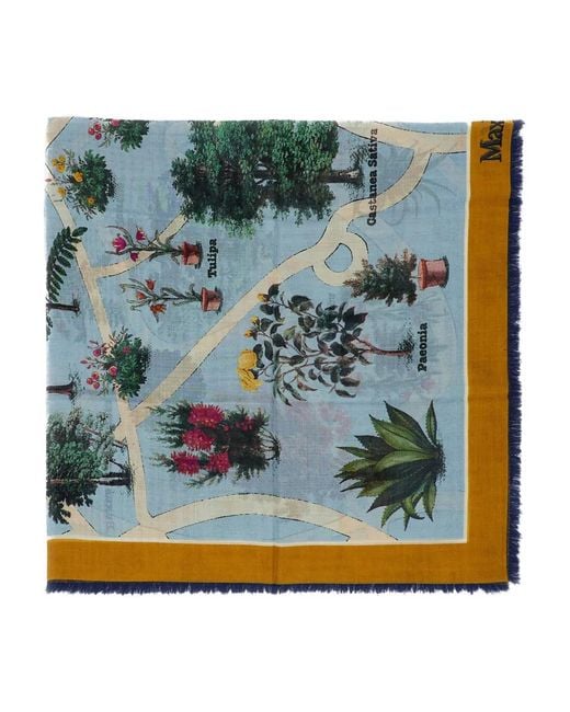 Max Mara Blue Printed Fringed Scarf