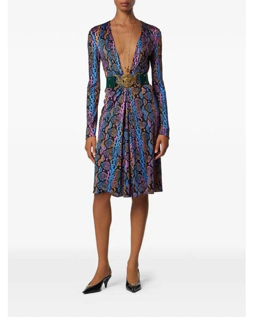 Versace Blue Python-Print Midi Dress