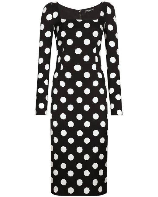 Dolce & Gabbana Black Sheath Midi Dress With Macro Polka Dots