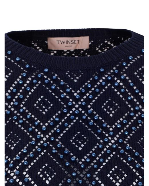 Twinset Blue Pearl-Embellished Knitted T-Shirt