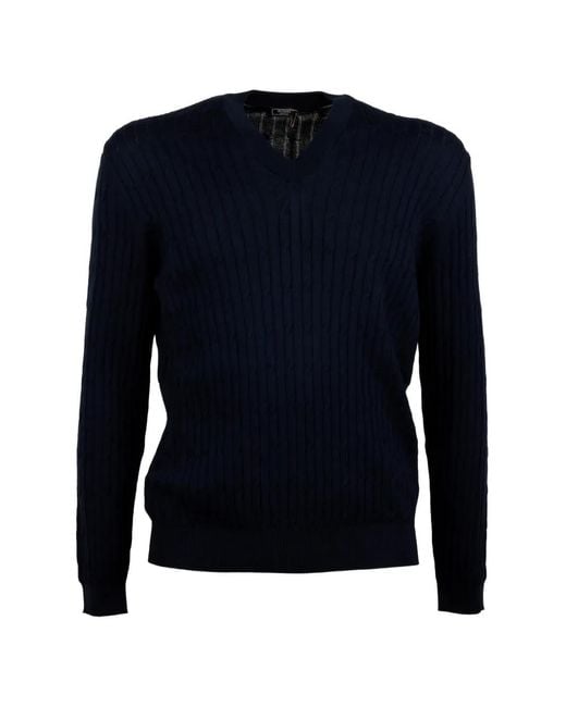 Peserico Blue Cable Knit V-Neck Sweater for men