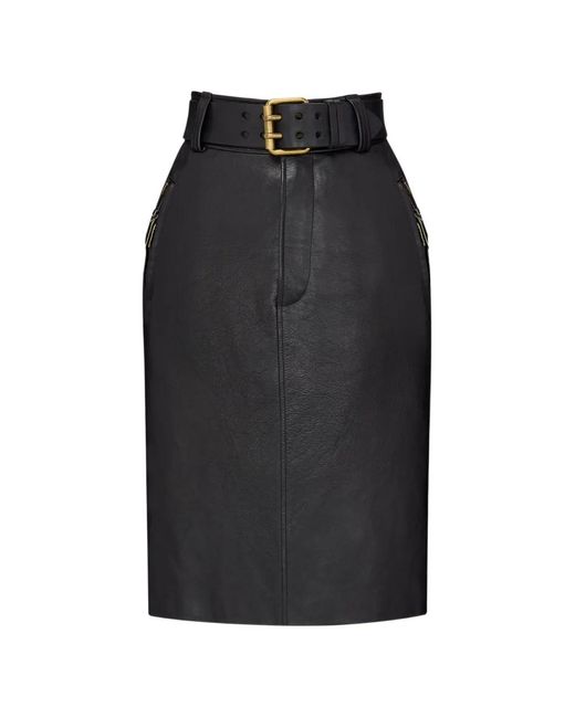 Saint Laurent Black Belted Leather Pencil Midi Skirt