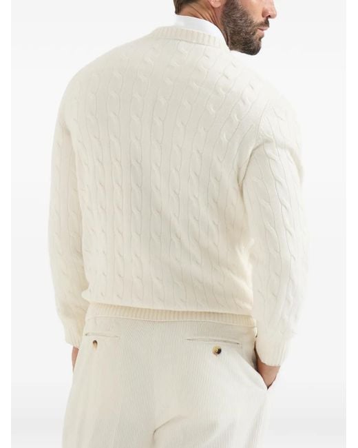 Brunello Cucinelli White Cable-Knit Cashmere Sweater for men
