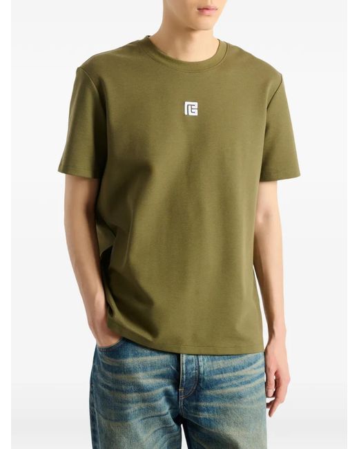 Balmain Green T-Shirt With Embroidered Logo for men