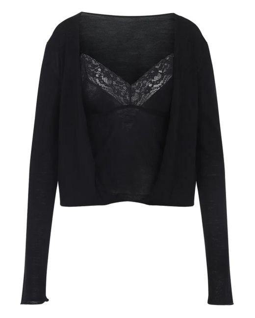 Alberta Ferretti Black Lace-Trimmed Wool Top