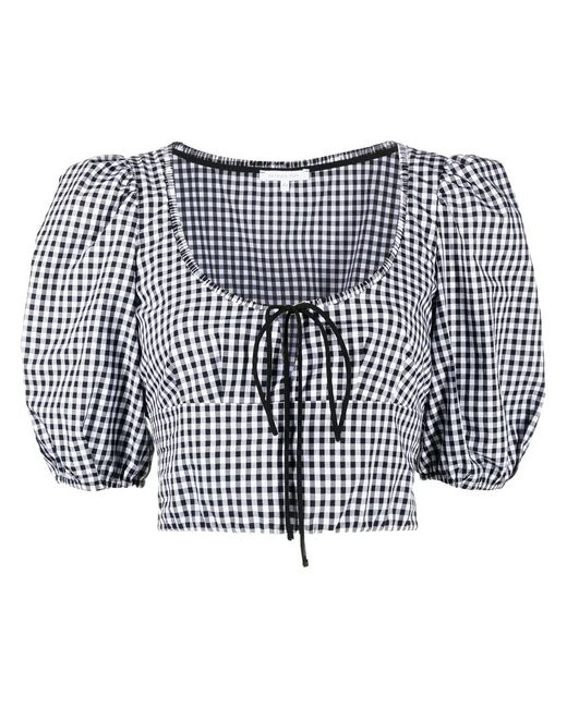 Patrizia Pepe Blue Balloon-Sleeve Gingham-Print Crop Top