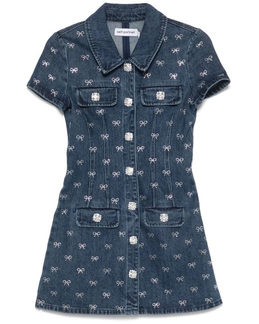 Self-Portrait Denim Diamante Bow Mini Dress in Blue | Lyst