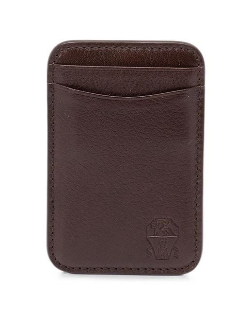 Brunello Cucinelli Brown Grained Leather Card Holder for men