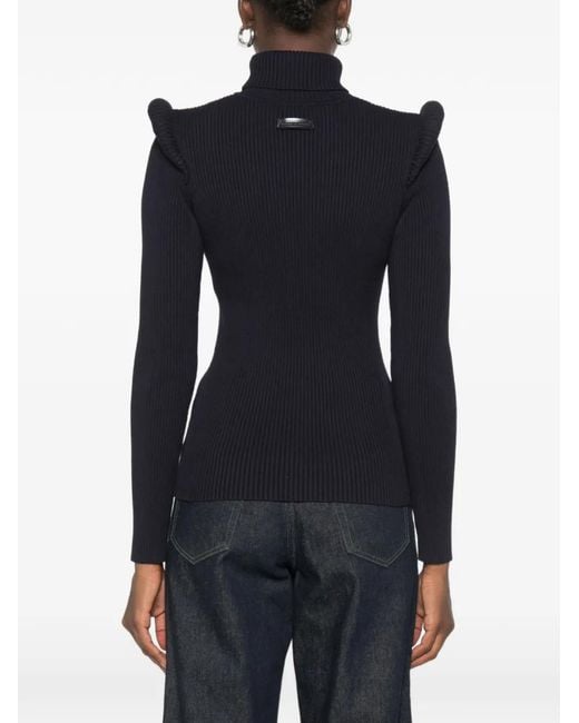 Elisabetta Franchi Blue Padded-Shoulder Ribbed-Knit Sweater