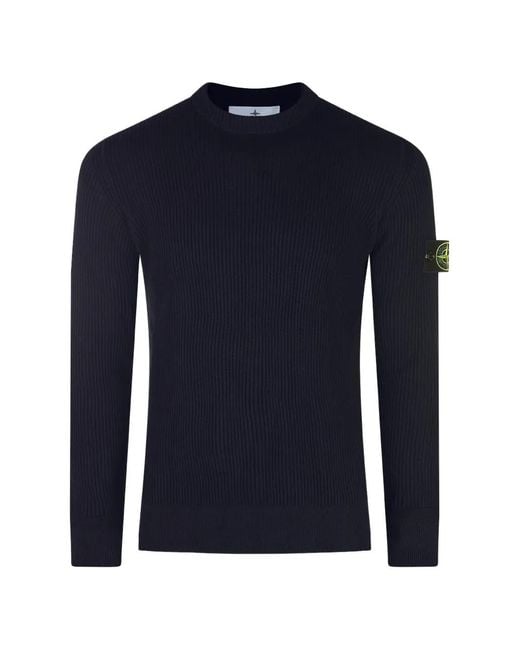 Stone Island Blue Ribbed Rws Wool Crewneck Sweater With A Logo Badge for men