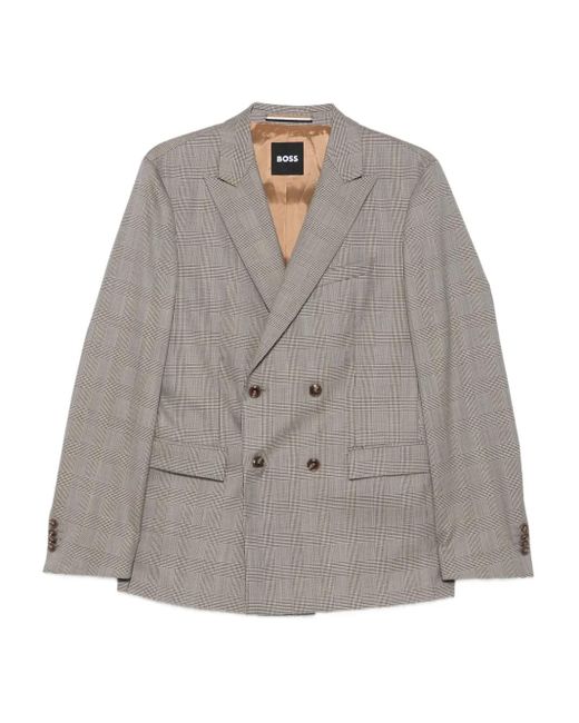 Boss Gray Double-Breasted Checked Suit for men