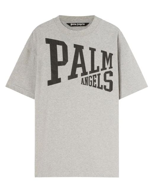 Palm Angels Gray Logo Printed Cotton T Shirt for men