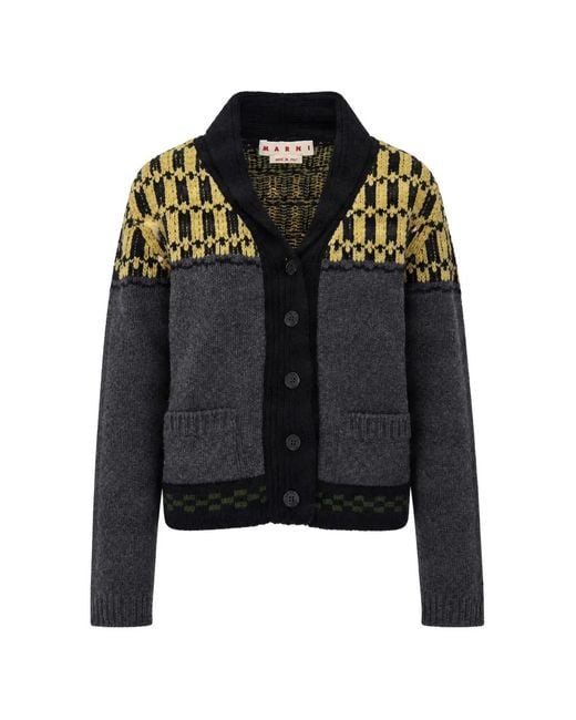 Marni Black Geometric-Pattern Shawl-Collar Cardigan