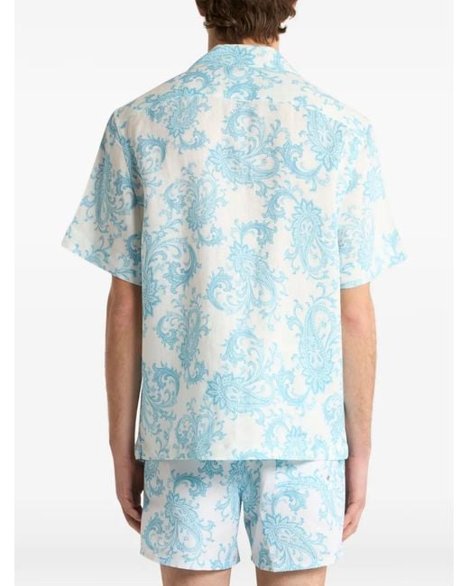 Etro Blue Linen Bowling Shirt With Paisley-Motif for men