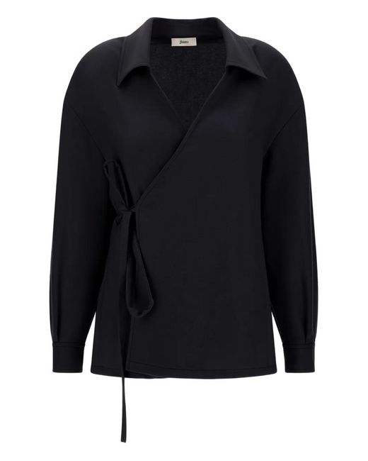 Herno Black Wrap-Effect Collared Top