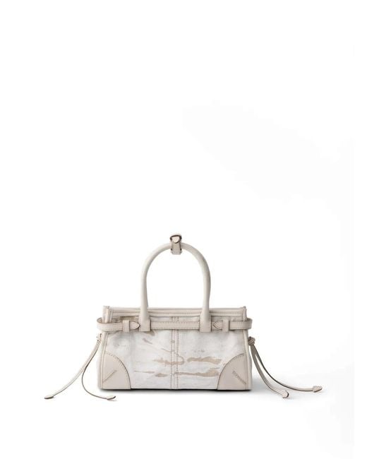 Prada Natural Bonnie Small Printed Linen And Leather Handbag