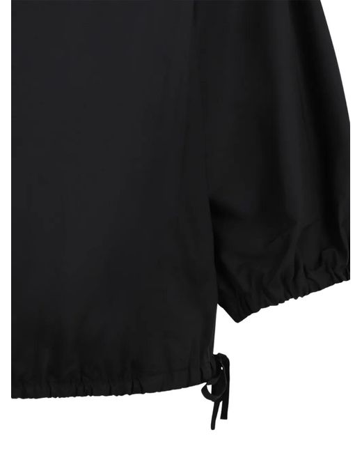 Douuod Black Drawstring-Hem Puff-Sleeve Blouse
