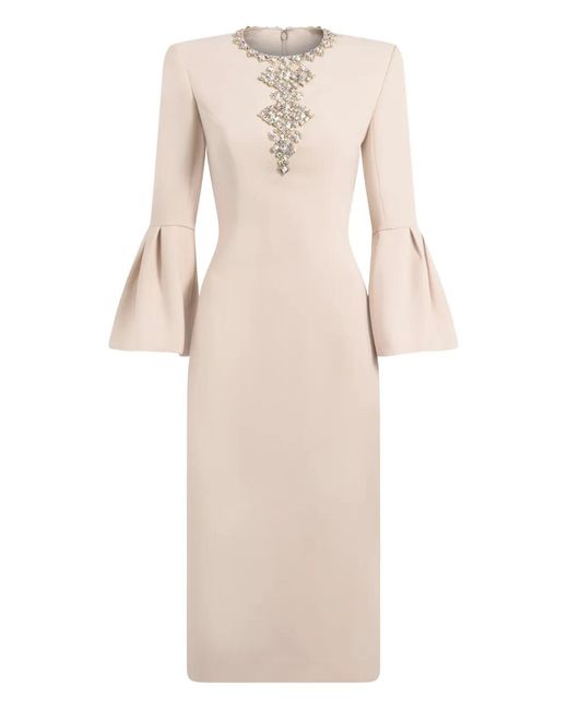 Jenny Packham Natural Margoni Front-Embellished Bell-Sleeve Midi Dress